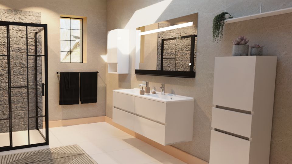 Salle de bain avec meuble suspendu, miroir et colonne de rangement