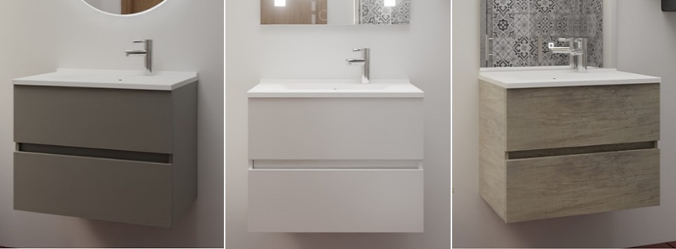 Présentation des meubles de salle de bain en inox 3 coloris blanc gris et bois collection ROSINOX