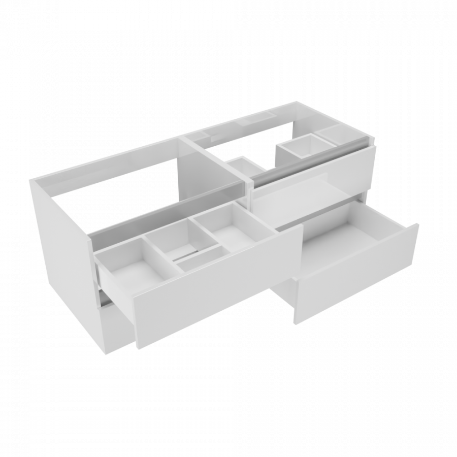 Meuble salle de bain 140 cm ARLEQUIN Blanc avec traverses grises - caisson seul sans plan vasque tiroirs ouverts