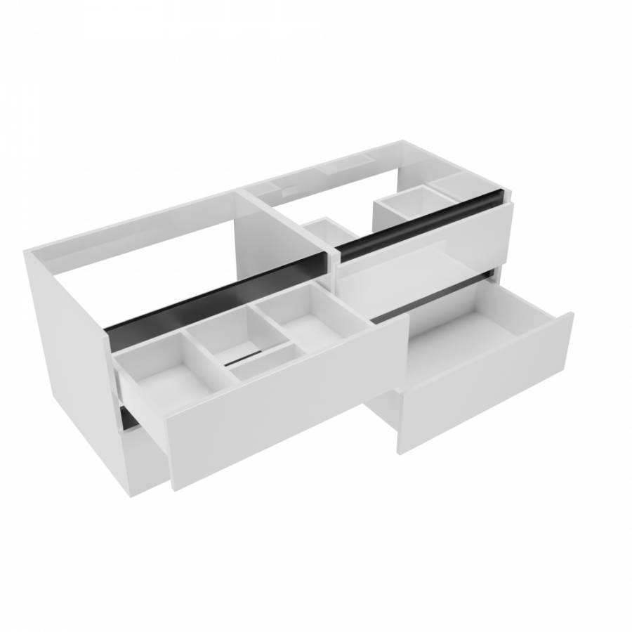 Caisson de meuble salle de bain 140 cm ARLEQUIN Blanc avec traverses noires - sans plan vasque vue avec tiroirs ouverts