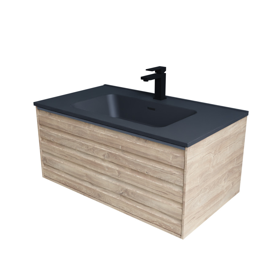 Meuble de salle de bain suspendu coloris chêne avec plan vasque noir mat HORIZON 80 cm x 46 cm