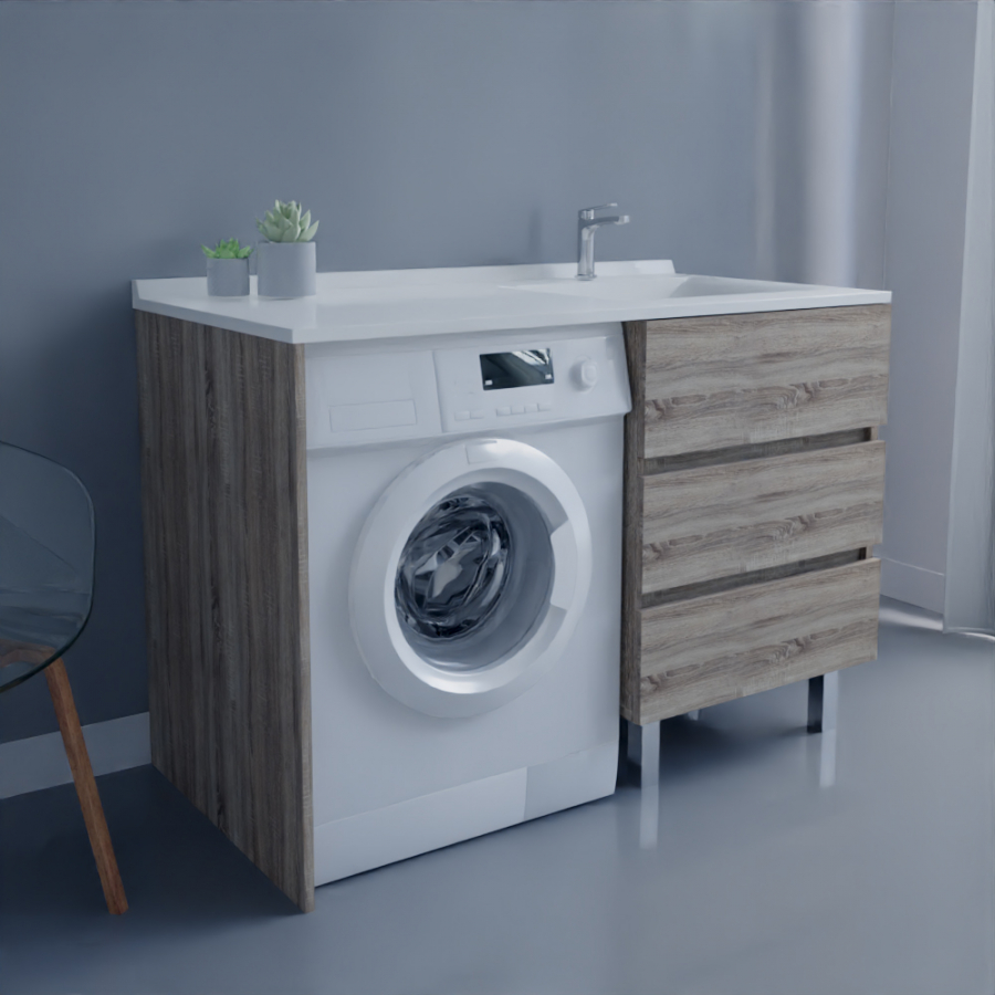 Caisson 3 tiroirs 60 cm coloris bois pour meuble salle de bain spécial lave-linge KORA en situation avec plan vasque jambage et lave linge hublot