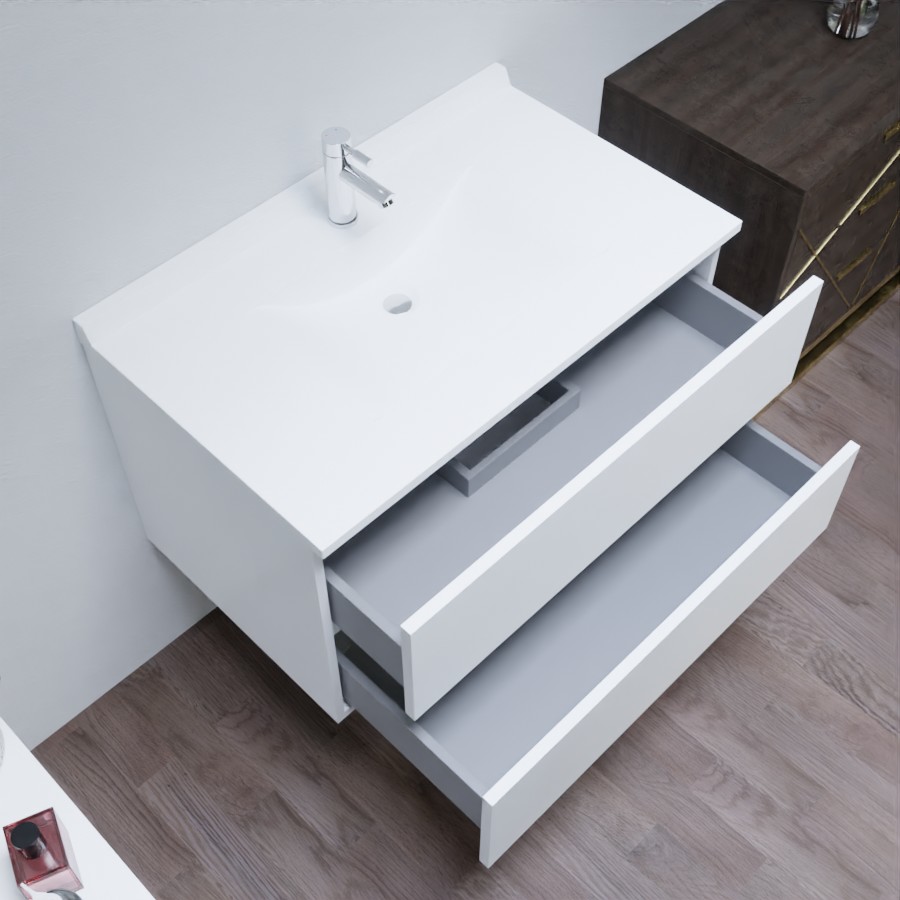 Caisson de meuble salle de bain 90 cm ROMY Blanc présenté en situation avec plan vasque vue de dessus avec tiroir ouvert