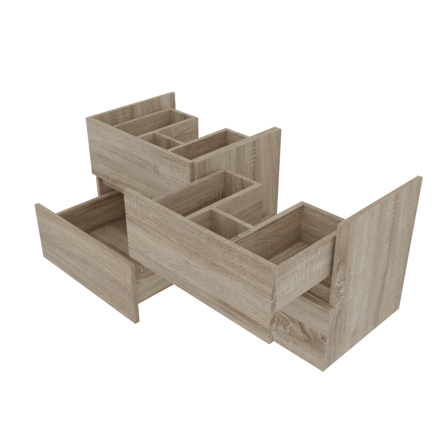 Caisson de meuble salle de bain 120 cm ROSALY aspect bois Cambrian Oak - sans plan vasque vue dessus tiroirs ouverts