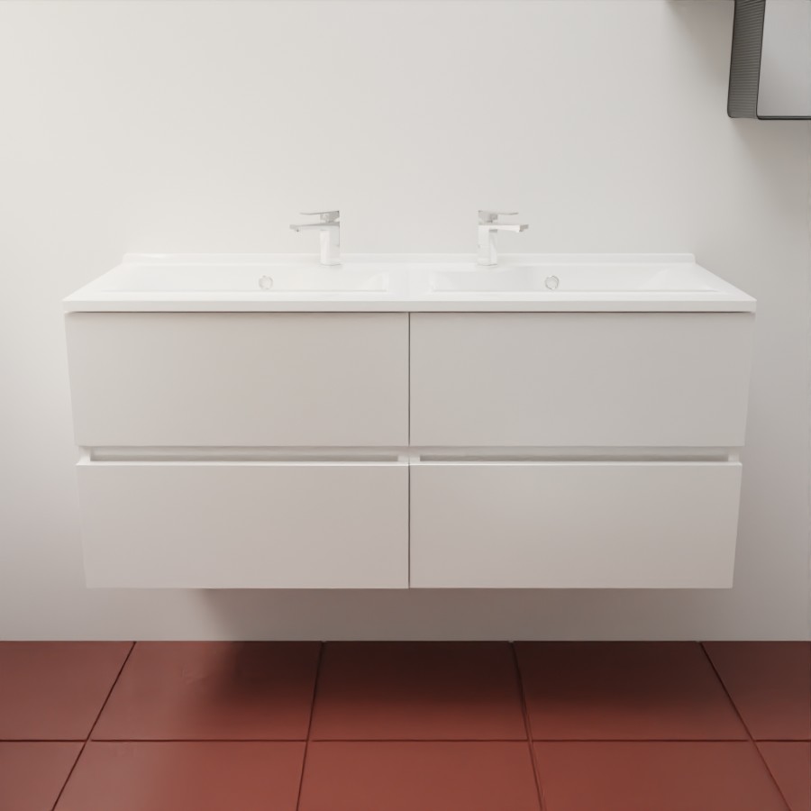Caisson de meuble salle de bain 120 cm en inox coloris blanc collection ROSINOX présenté en situation avec un plan vasque blanc