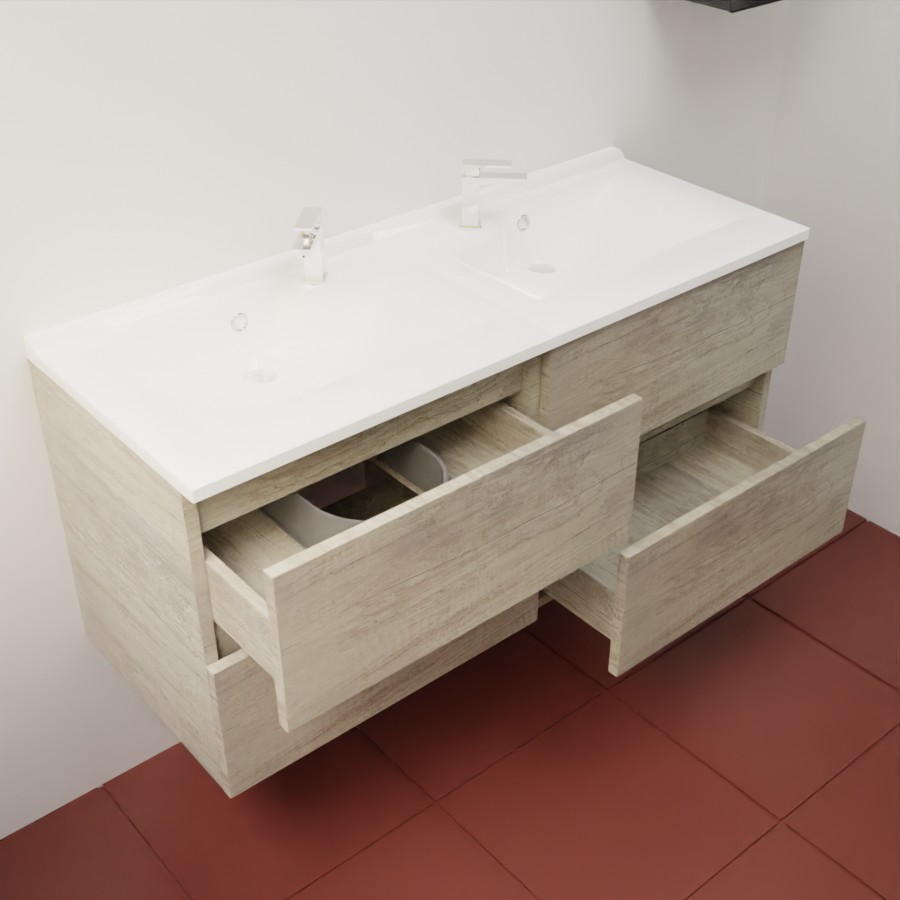 Caisson de meuble salle de bain 120 cm en inox coloris bois chêne collection ROSINOX présenté avec plan double vasque 