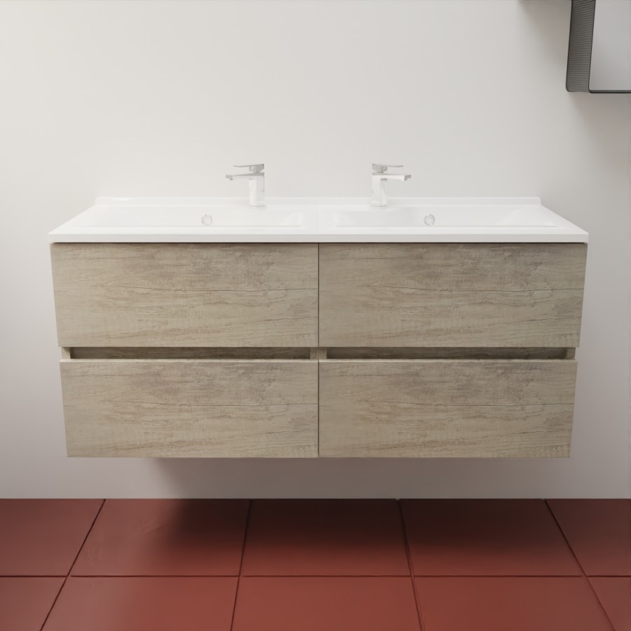 Caisson de meuble salle de bain 120 cm en inox coloris bois chêne collection ROSINOX présenté avec plan double vasque 