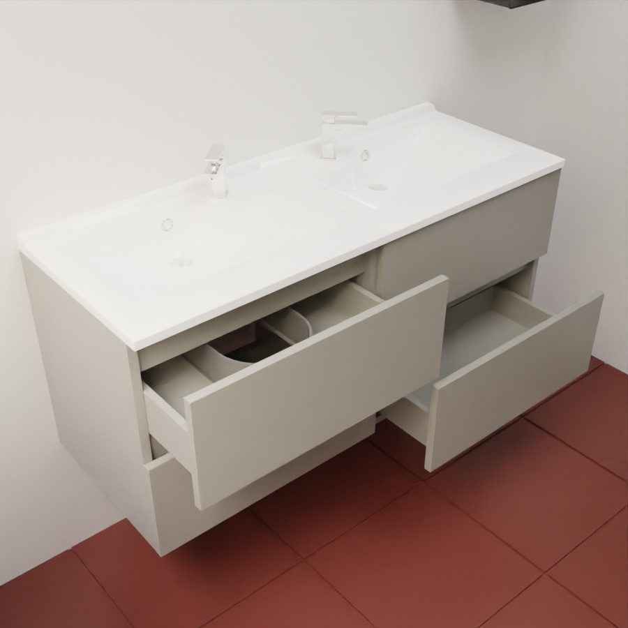 Caisson de meuble salle de bain 120 cm en inox coloris gris clair collection ROSINOX présenté en situation avec un plan vasque