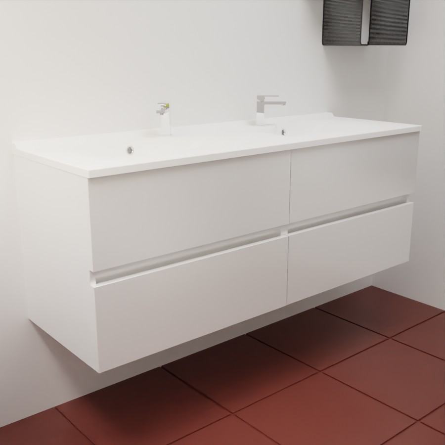 Caisson de meuble salle de bain 140 cm en inox coloris blanc collection ROSINOX présenté avec un plan double vasque 
