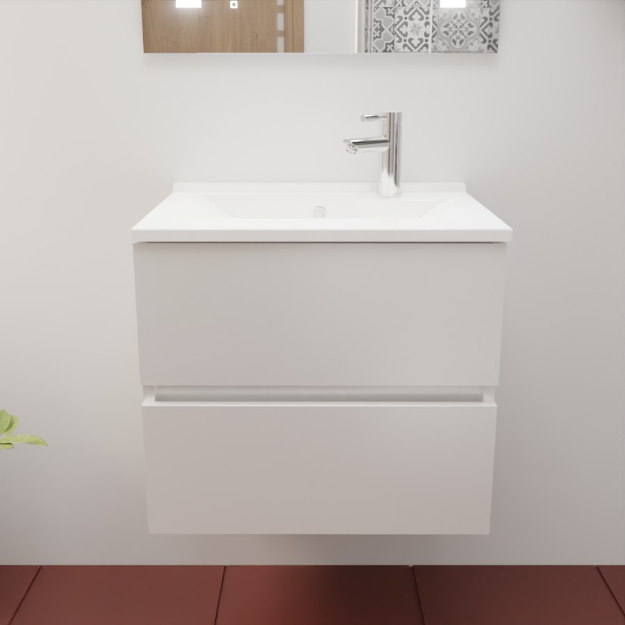 Caisson de meuble salle de bain blanc en inox deux tiroirs 60 cm de largeur collection ROSINOX présenté avec un plan simple vasque