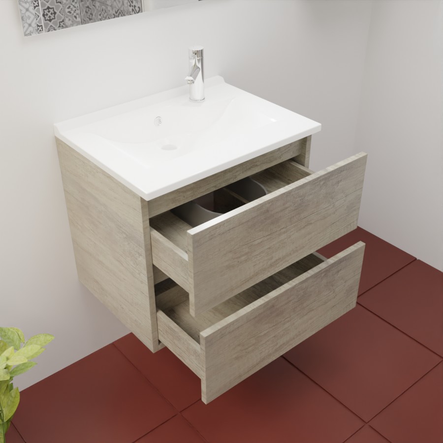 Caisson de meuble salle de bain en inox coloris chêne 60 cm de largeur collection ROSINOX présenté en situation avec un plan vasque