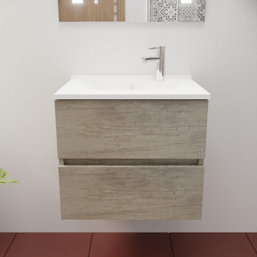 Caisson de meuble salle de bain en inox coloris chêne 60 cm de largeur collection ROSINOX présenté en situation avec un plan vasque