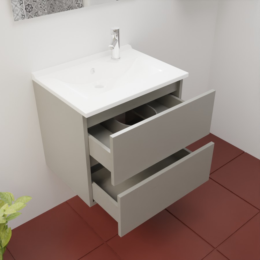 Caisson de meuble salle de bain gris clair mat en inox 60 cm de largeur collection ROSINOX présenté en situation avec un plan vasque