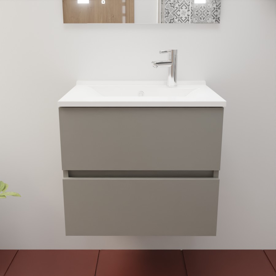 Caisson de meuble salle de bain gris clair mat en inox 60 cm de largeur collection ROSINOX présenté en situation avec un plan vasque