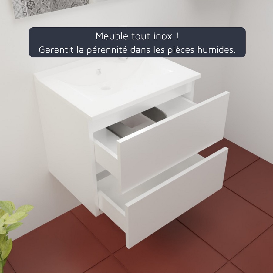 Caisson de meuble salle de bain blanc en inox deux tiroirs 60 cm de largeur collection ROSINOX présenté avec un plan simple vasque