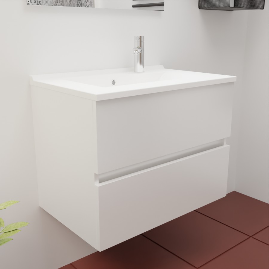 Caisson de meuble salle de bain blanc en inox deux tiroirs 70 cm de largeur pour simple vasque collection ROSINOX présenté avec un plan simple vasque