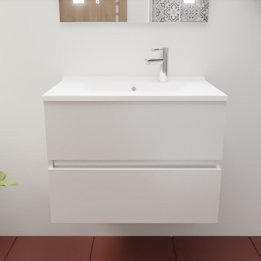 Caisson de meuble salle de bain blanc en inox deux tiroirs 70 cm de largeur pour simple vasque collection ROSINOX présenté avec un plan simple vasque