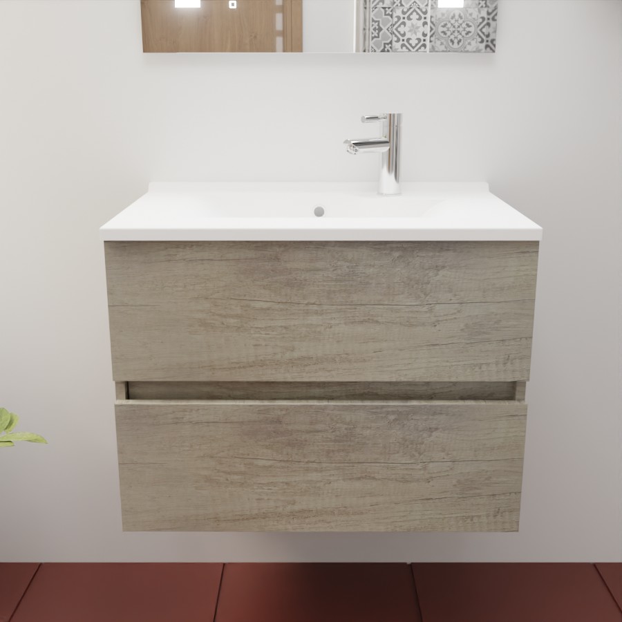 Caisson de meuble salle de bain coloris chêne en inox deux tiroirs 70 cm de largeur collection ROSINOX présenté avec un plan simple vasque