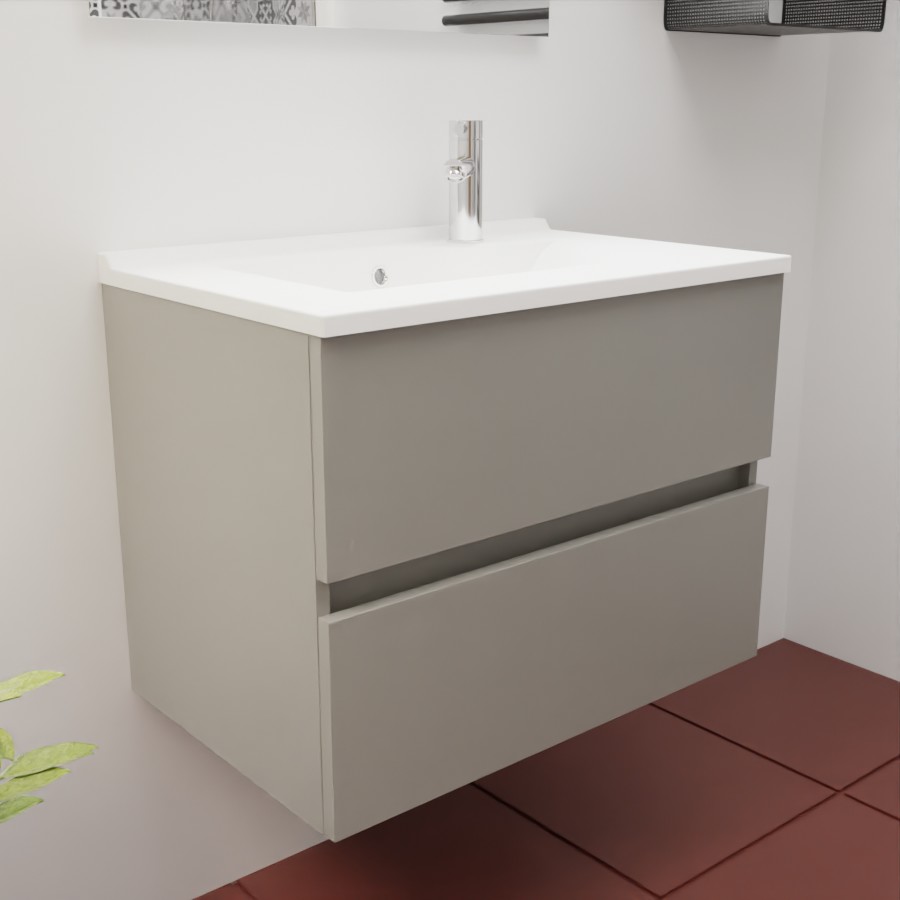 Caisson de meuble salle de bain gris clair en inox deux tiroirs 70 cm de largeur collection ROSINOX  présenté avec un plan simple vasque