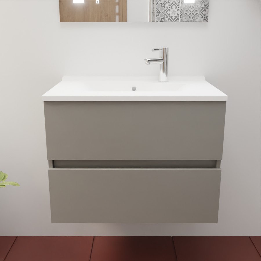 Caisson de meuble salle de bain gris clair en inox deux tiroirs 70 cm de largeur collection ROSINOX  présenté avec un plan simple vasque