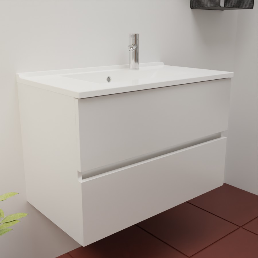 Caisson de meuble salle de bain blanc en inox deux tiroirs 80 cm de largeur pour simple vasque collection ROSINOX présenté avec un plan simple vasque 