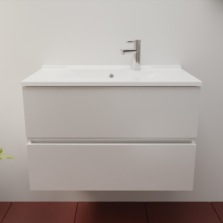 Caisson de meuble salle de bain blanc en inox deux tiroirs 80 cm de largeur pour simple vasque collection ROSINOX présenté avec un plan simple vasque 