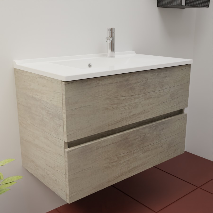 Caisson de meuble salle de bain coloris chêne en inox deux tiroirs 80 cm de largeur pour simple vasque collection ROSINOX présenté avec un plan simple vasque 