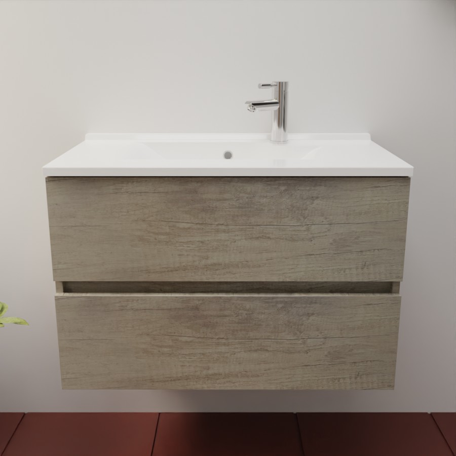 Caisson de meuble salle de bain coloris chêne en inox deux tiroirs 80 cm de largeur pour simple vasque collection ROSINOX présenté avec un plan simple vasque