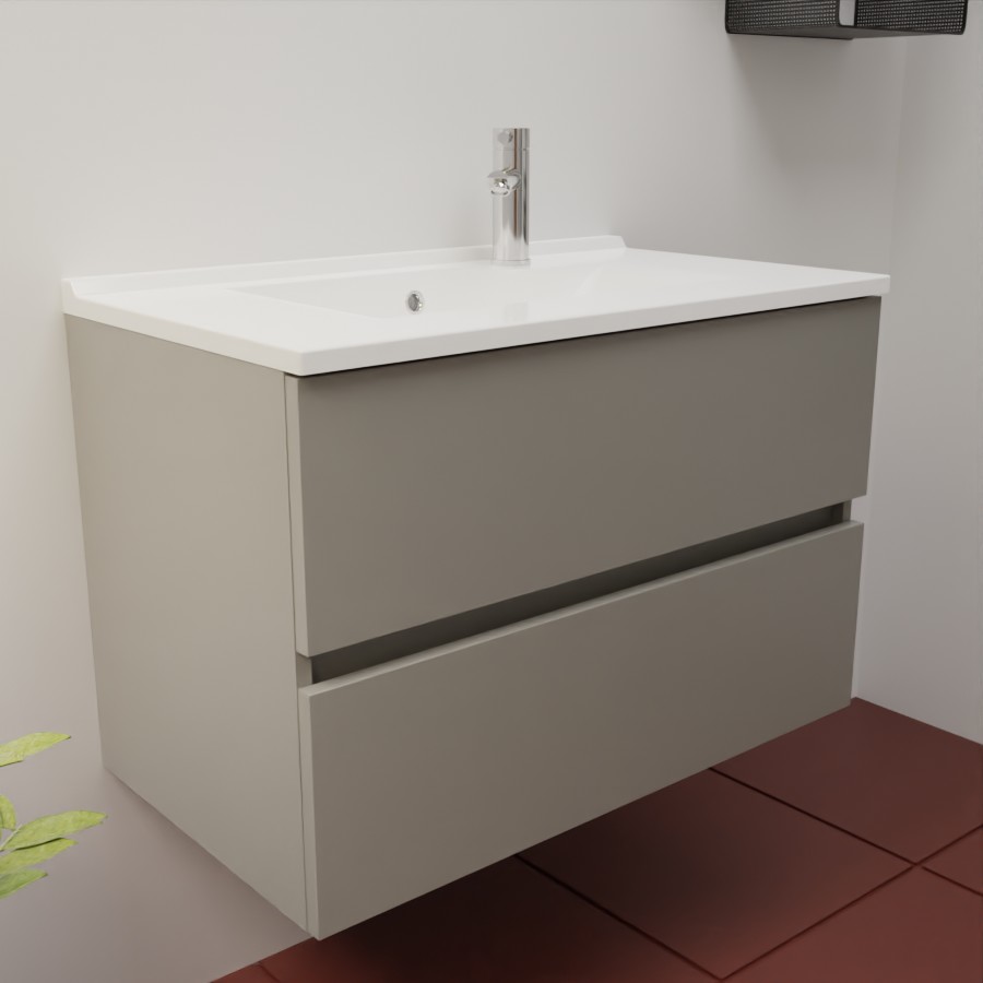 Caisson de meuble salle de bain gris clair en inox deux tiroirs 80 cm de largeur pour simple vasque collection ROSINOX  présenté avec un plan simple vasque blanc