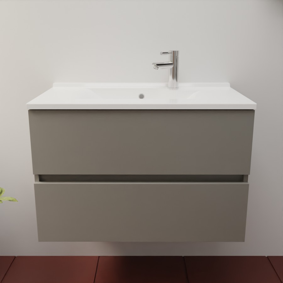 Caisson de meuble salle de bain gris clair en inox deux tiroirs 80 cm de largeur pour simple vasque collection ROSINOX  présenté avec un plan simple vasque blanc