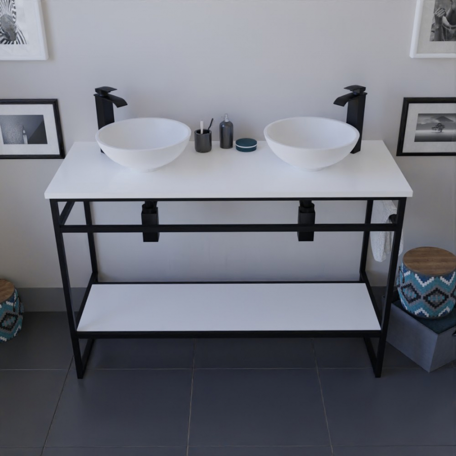 Meuble salle de bain sous vasque structura en métal noir mat largeur 120 cm avec étagère et plan stratifié coloris blanc présenté avec deux vasque ronde à poser
