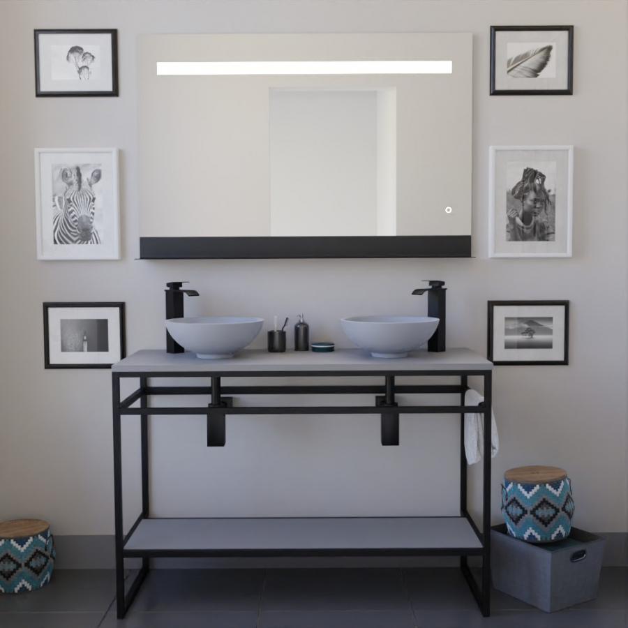 Meuble salle de bain sous vasque structura en métal noir mat largeur 120 cm avec étagère et plan stratifié coloris gris présenté avec deux vasques ronde à poser et un miroir 