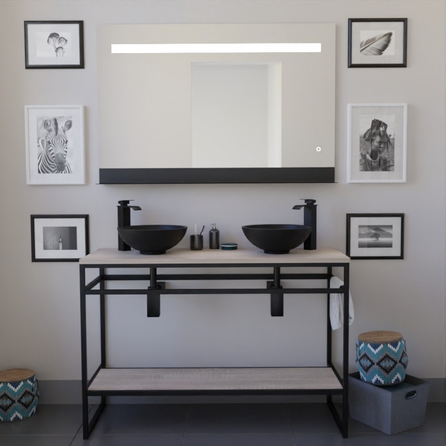 Meuble salle de bain sous vasque structura en métal noir mat largeur 120 cm avec étagère et plan stratifié coloris bois présenté avec deux vasques à poser ronde et miroir