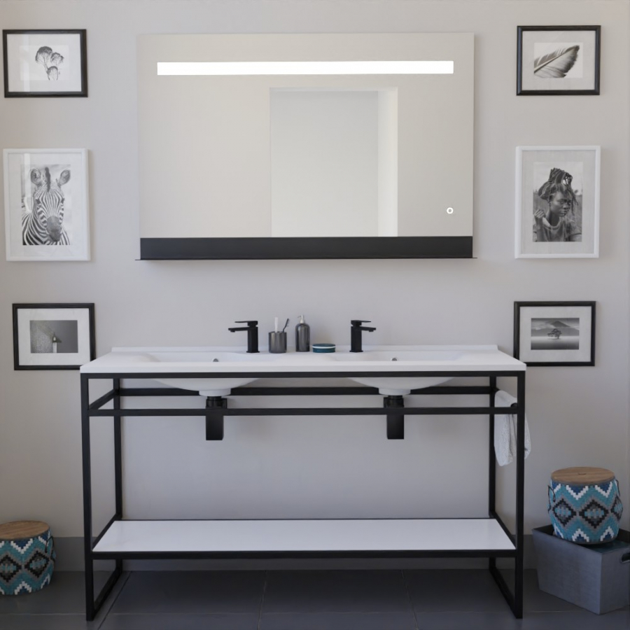 Meuble salle de bain structura en métal noir mat largeur 140 cm en situation avec un plan vasque et miroir