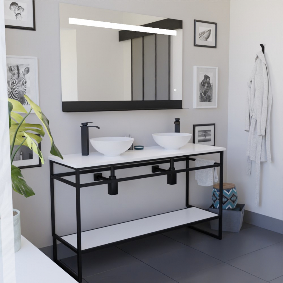 Meuble salle de bain sous vasque structura en métal noir mat largeur 140 cm avec étagère et plan stratifié coloris blanc présenté avec deux vasque ronde à poser et un miroir