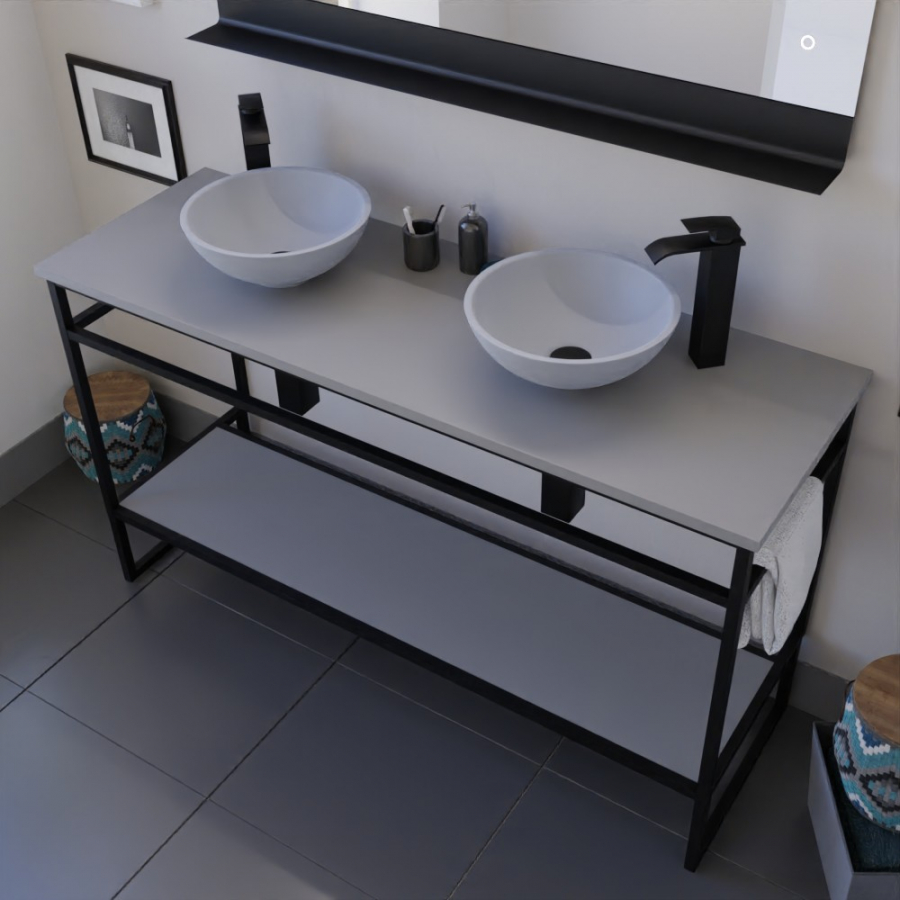 Meuble salle de bain sous vasque structura en métal noir mat largeur 140 cm avec étagère et plan stratifié coloris gris présenté avec deux vasques à poser et un miroir