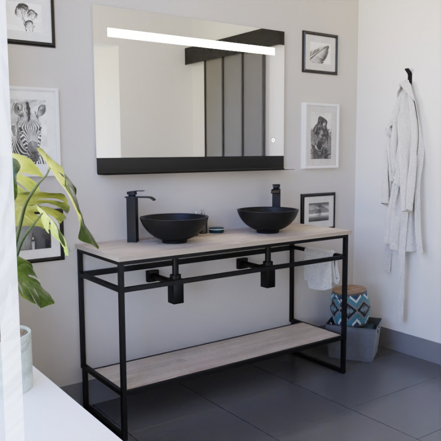 Meuble salle de bain sous vasque structura en métal noir mat largeur 140 cm avec étagère et plan stratifié coloris bois présenté avec deux vasques à poser ronde et miroir