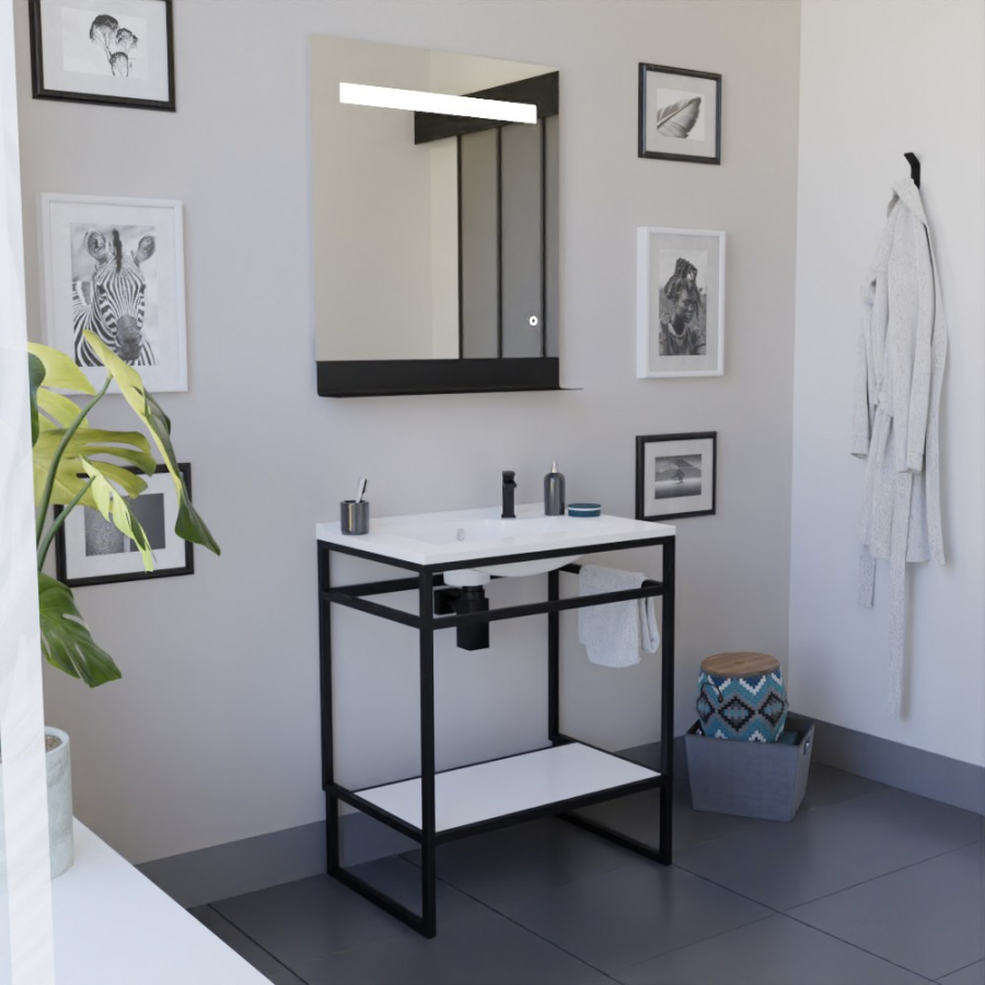 Meuble salle de bain structura en métal noir mat largeur 70 cm en situation avec un plan vasque et miroir