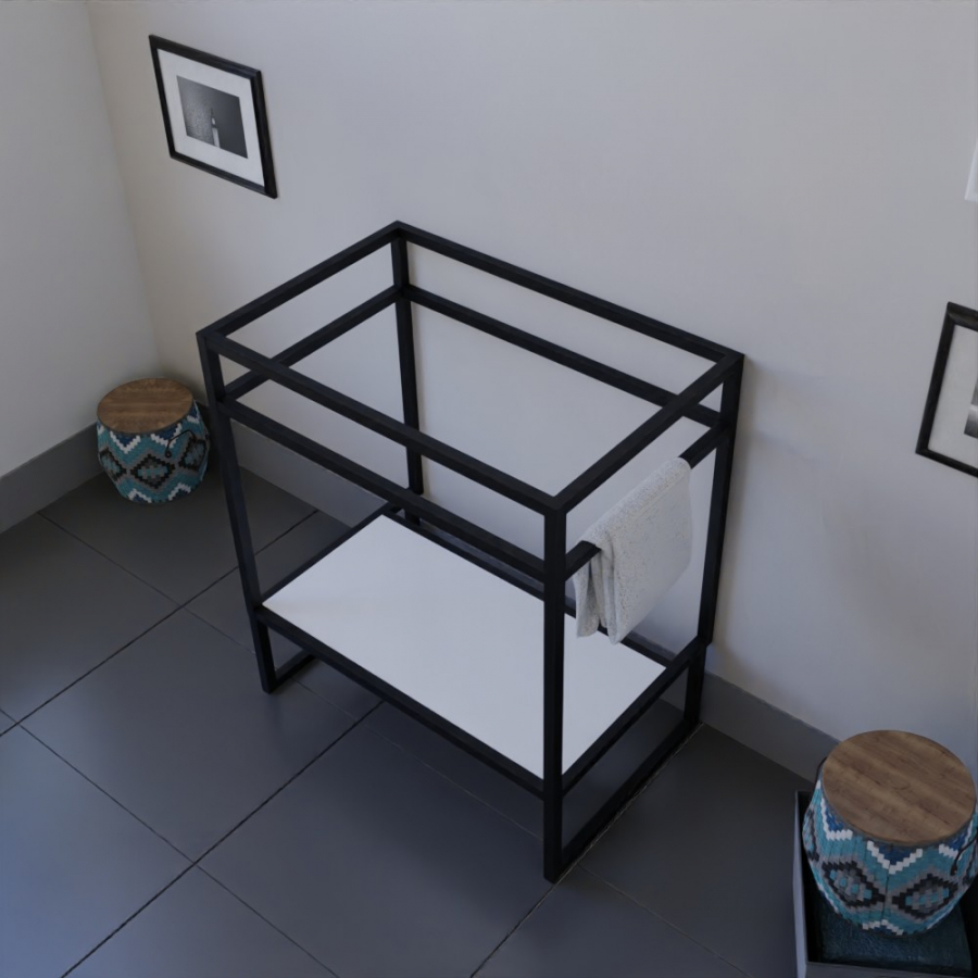 Meuble salle de bain sous vasque structura en métal noir mat largeur 70 cm avec étagère basse blanche 