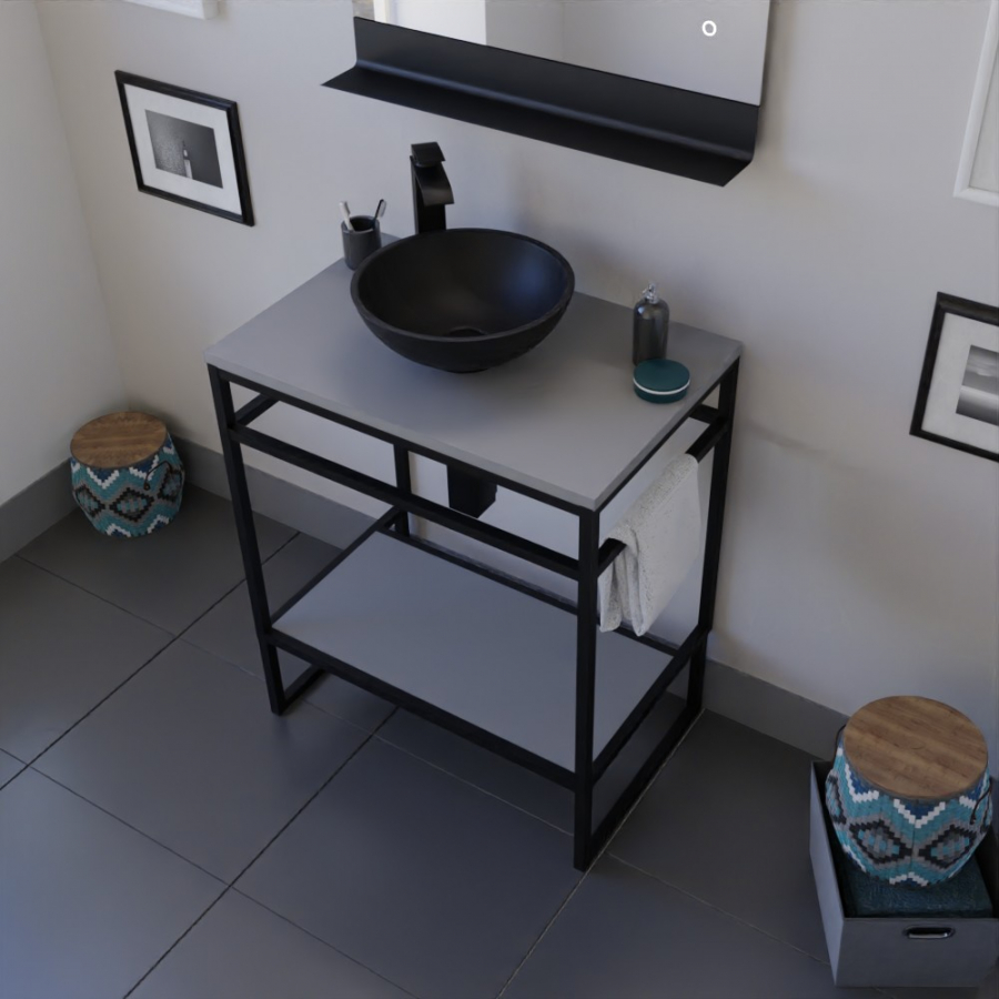 Meuble salle de bain structura en métal noir mat largeur 70 cm en situation avec une vasque à poser ronde noire