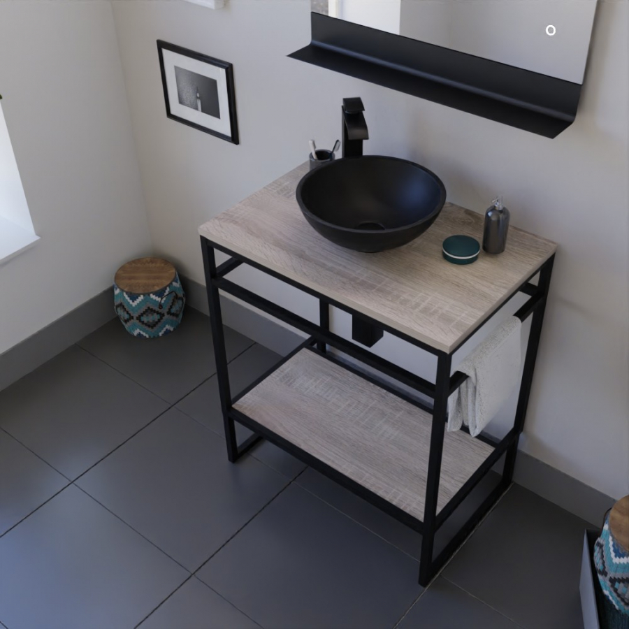 Meuble salle de bain structura en métal noir mat largeur 70 cm en situation avec étagère, plan stratifié couleur bois et vasque à poser ronde noire
