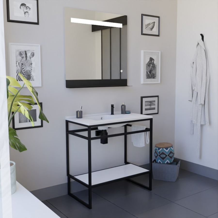 Meuble salle de bain structura en métal noir mat largeur 80 cm avec étagère basse blanche mis en situation avec plan vasque et miroir 