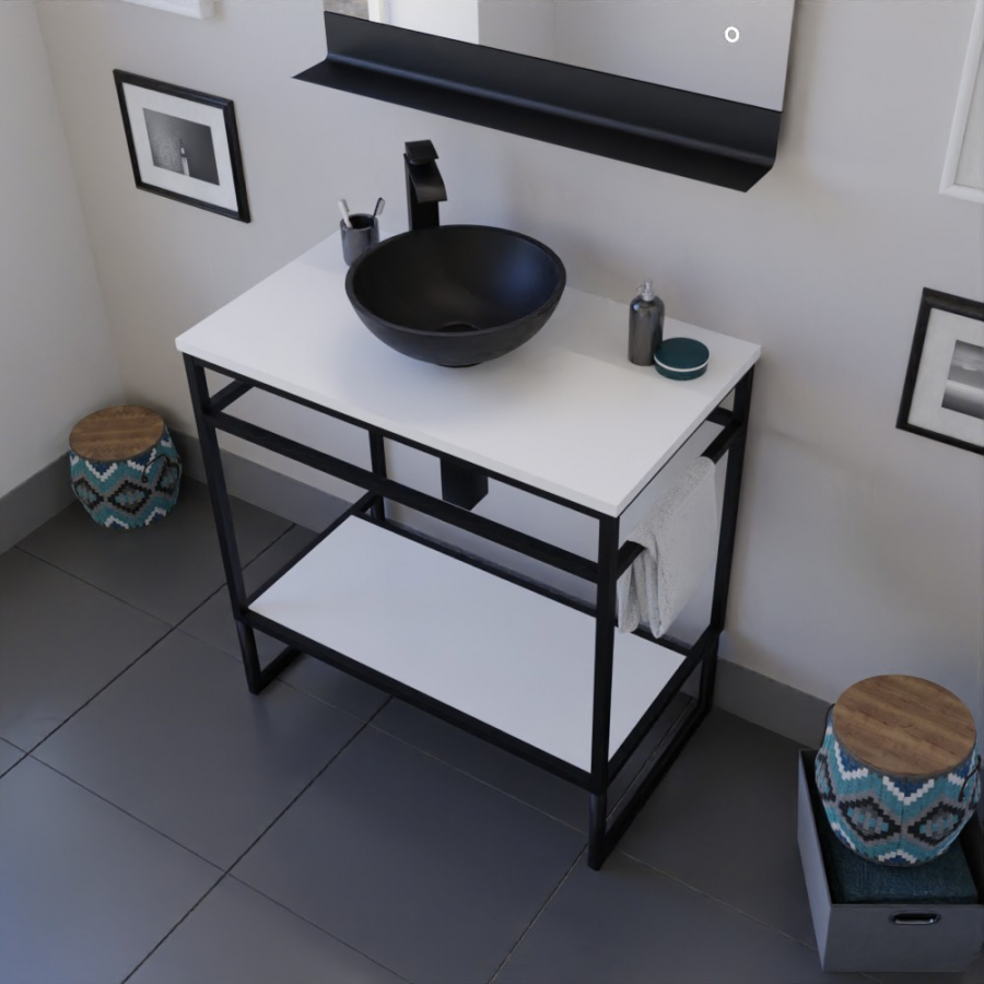 Meuble salle de bain ouvert en métal noir mat largeur 80 cm avec étagère basse et plan stratifié blanc pour vasque à poser STRUCTURA en situation avec vasque et miroir