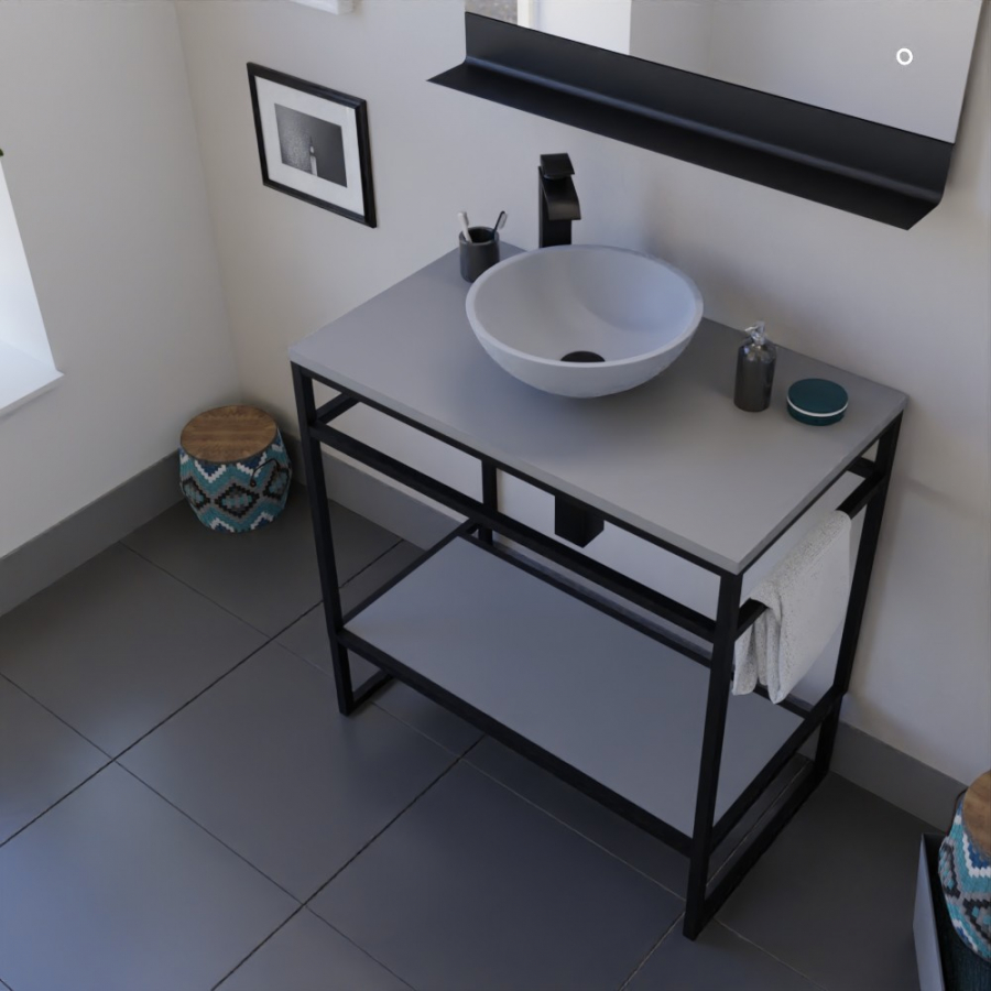 Meuble salle de bain structura ouvert en métal noir mat largeur 80 cm en situation avec une vasque à poser et miroir