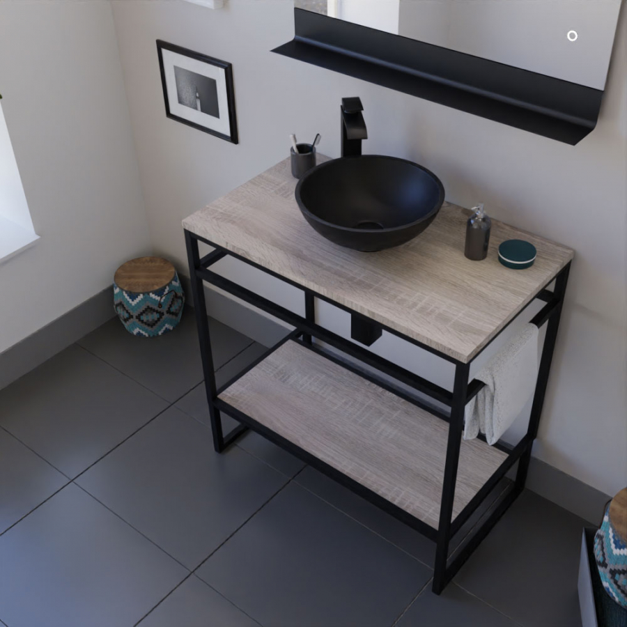 Meuble salle de bain sous vasque structura en métal noir mat largeur 80 cm avec étagère et plan stratifié coloris bois en situation avec vasque noire et miroir