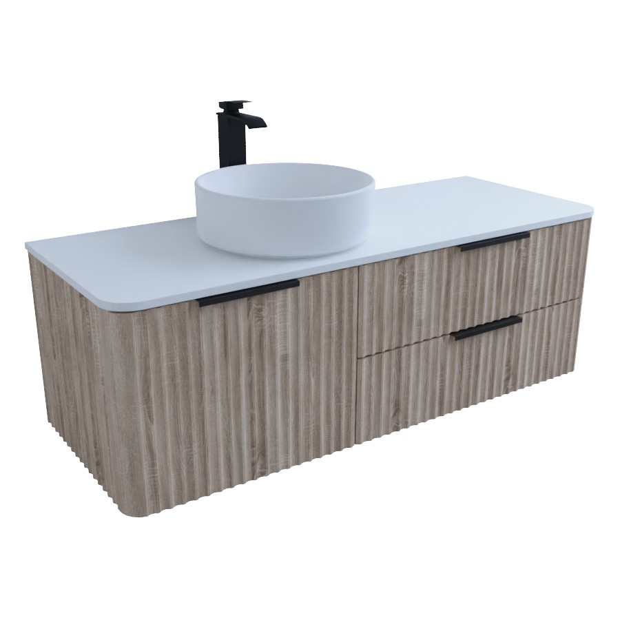 Meuble salle de bain 120 cm coloris chêne clair avec rainures verticales, avec vasque à poser blanche