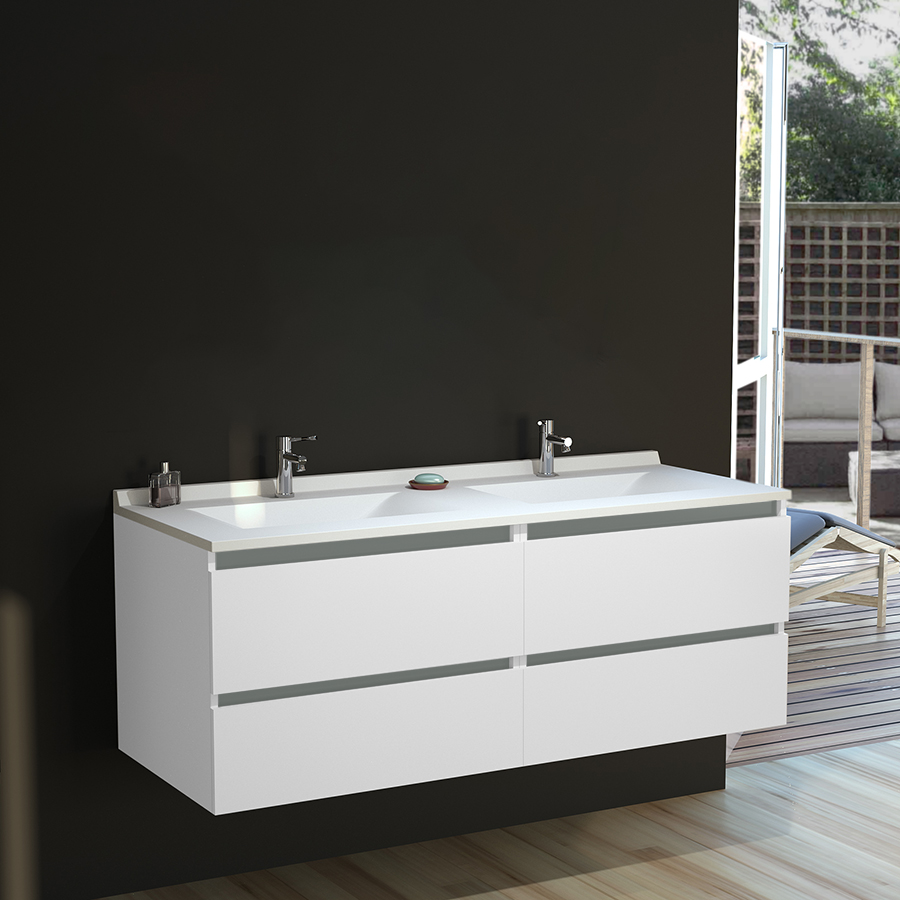 Meuble salle de bain 140 cm ARLEQUIN Blanc avec traverses grises - présenté avec un plan double vasque pose suspendu et monté