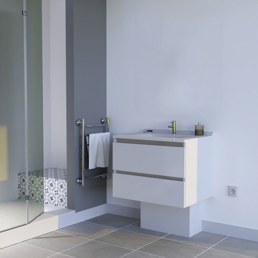 Caisson de meuble salle de bain 70 cm ARLEQUIN Blanc + traverses grises - vue face monté