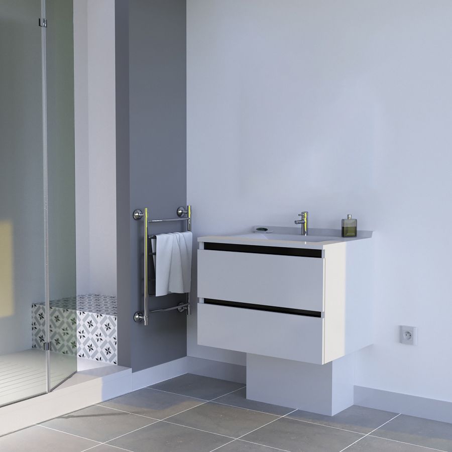 Caisson de meuble salle de bain 70 cm ARLEQUIN Blanc + traverses noires - vue de face monté