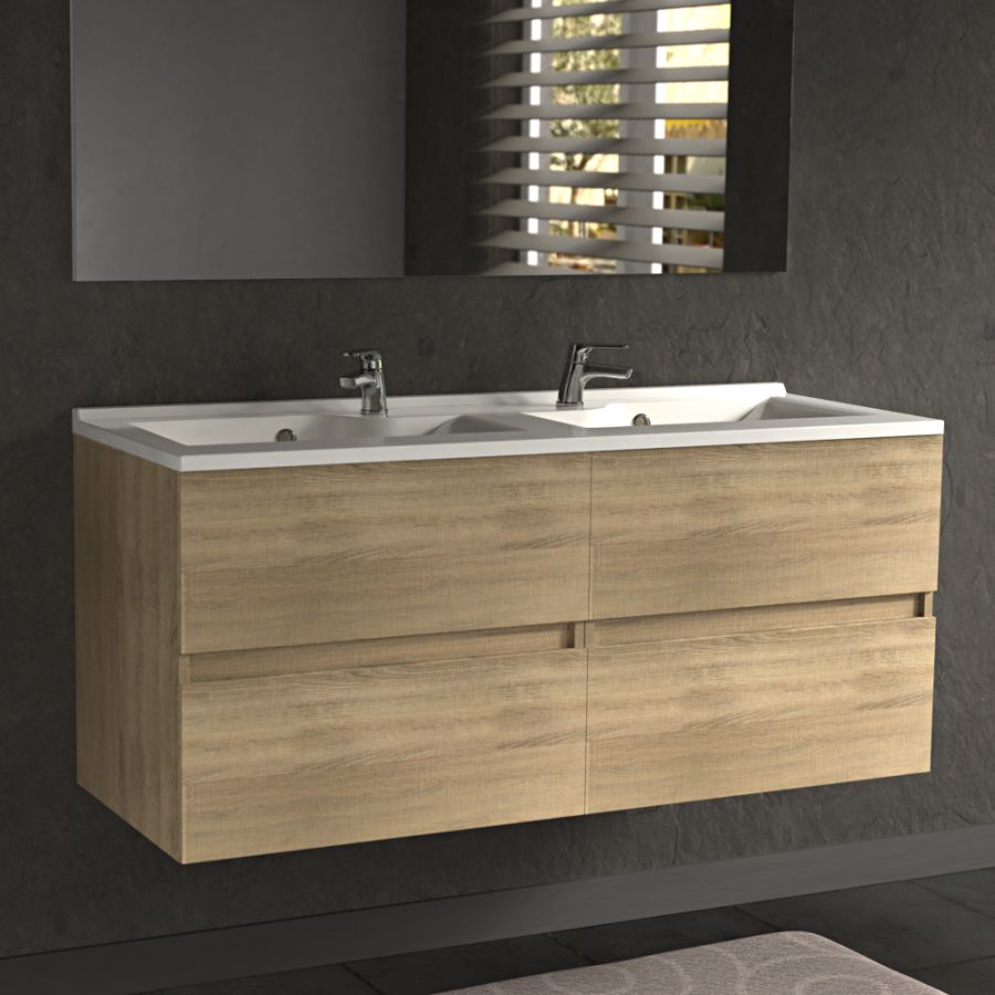 Meuble salle de bain 120 cm ROSALY aspect bois Cambrian Oak avec plan double vasque pose suspendue